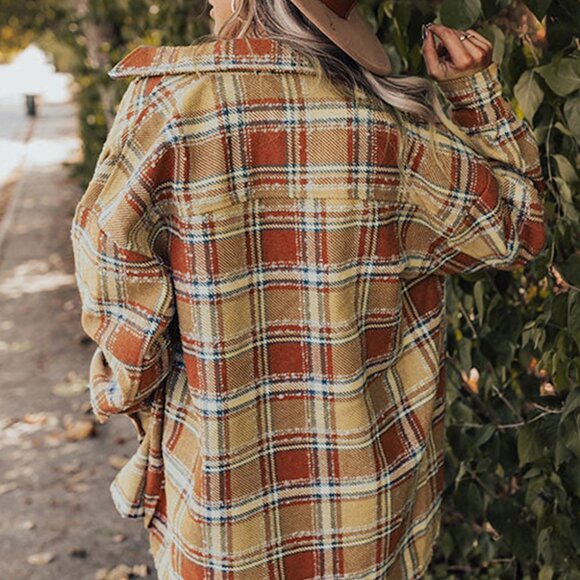 B021 Fiery Red Oversized Flap Pockets Plaid Shacket with Slits - Picture 3 of 3